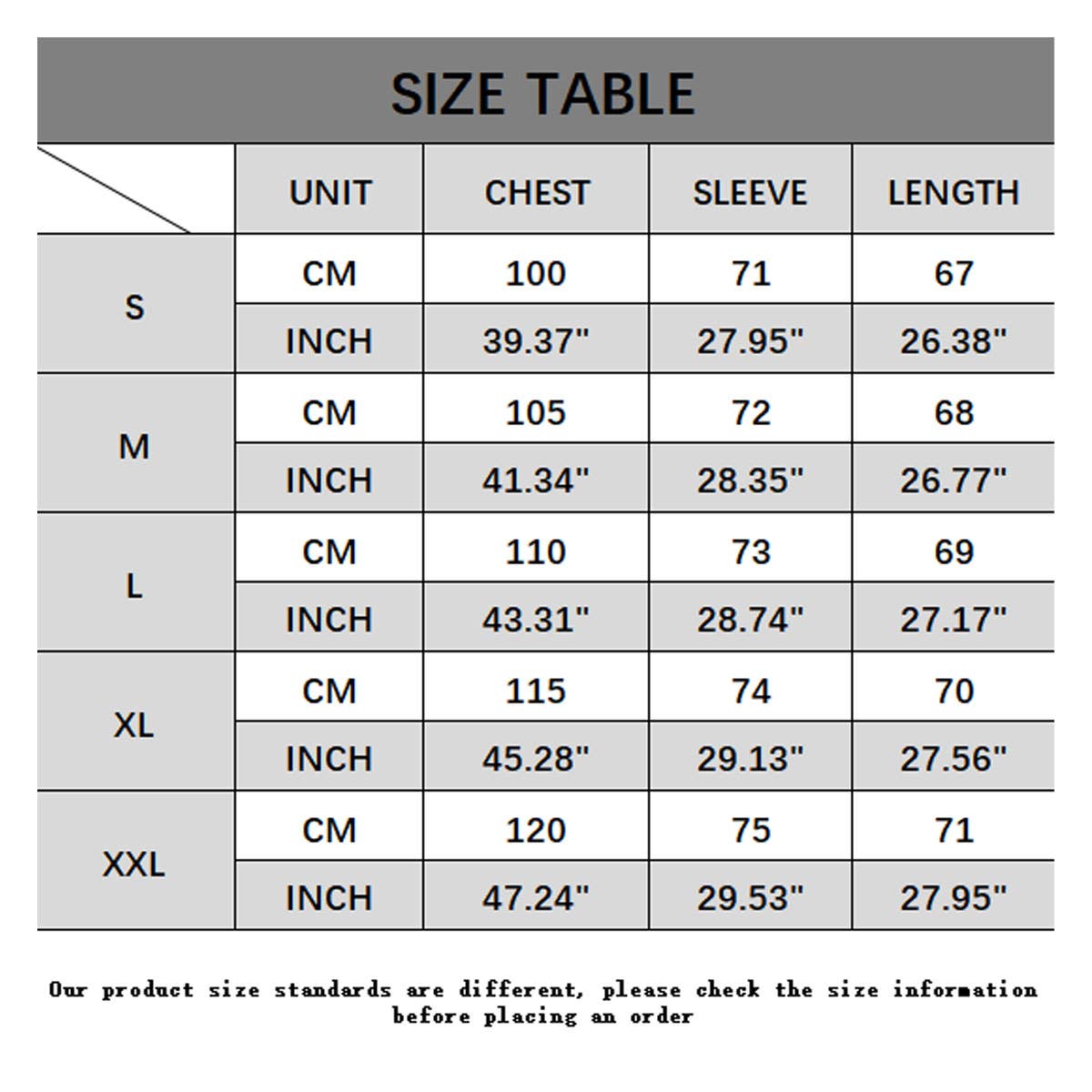 Sizing Chart for Long Sleeve Pullover – Side Ribbed Pocket Crewneck, Loose Fit Pullover