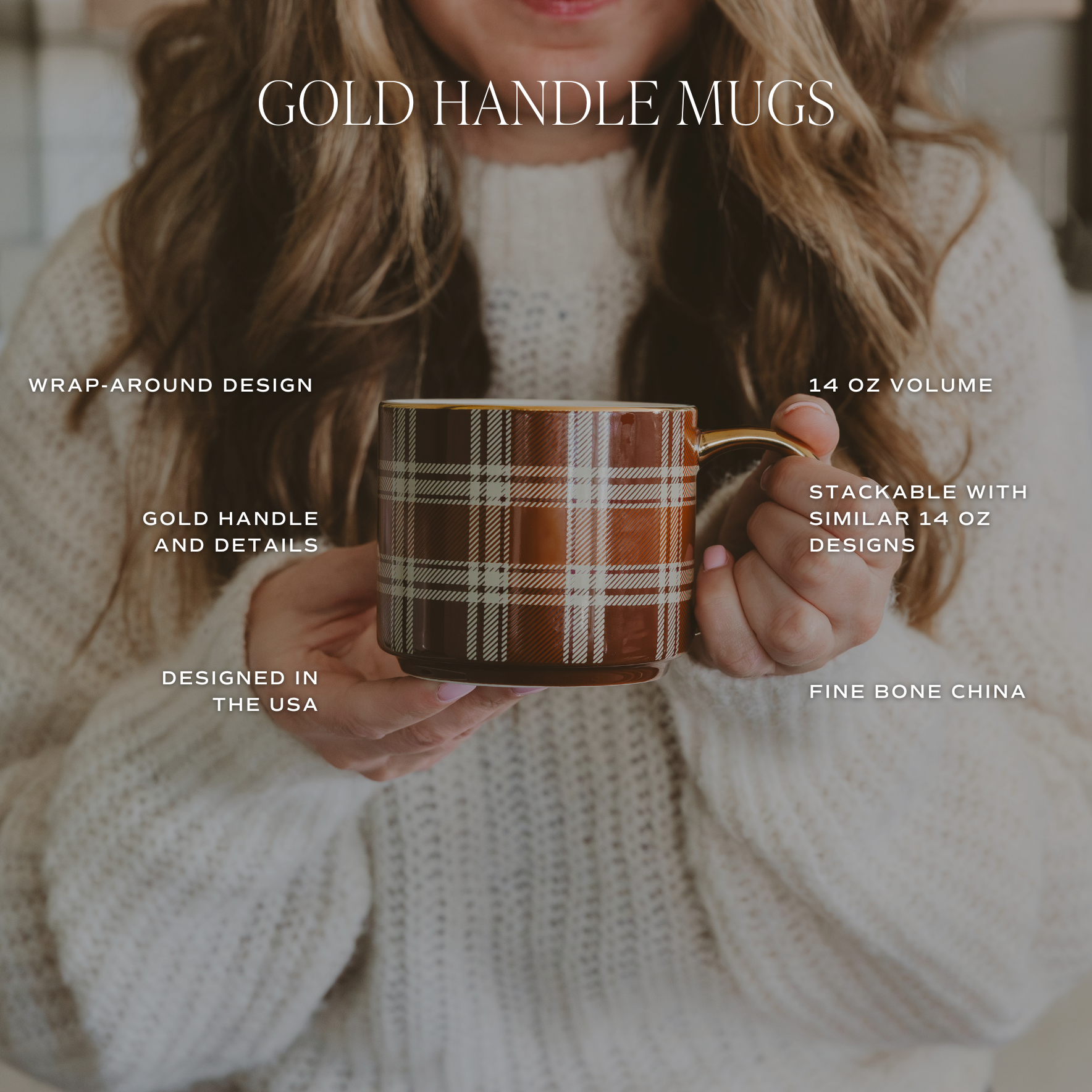 Coffee Mug - Brown Plaid Gold Handle | Fall Decor & Thanksgiving Gifts