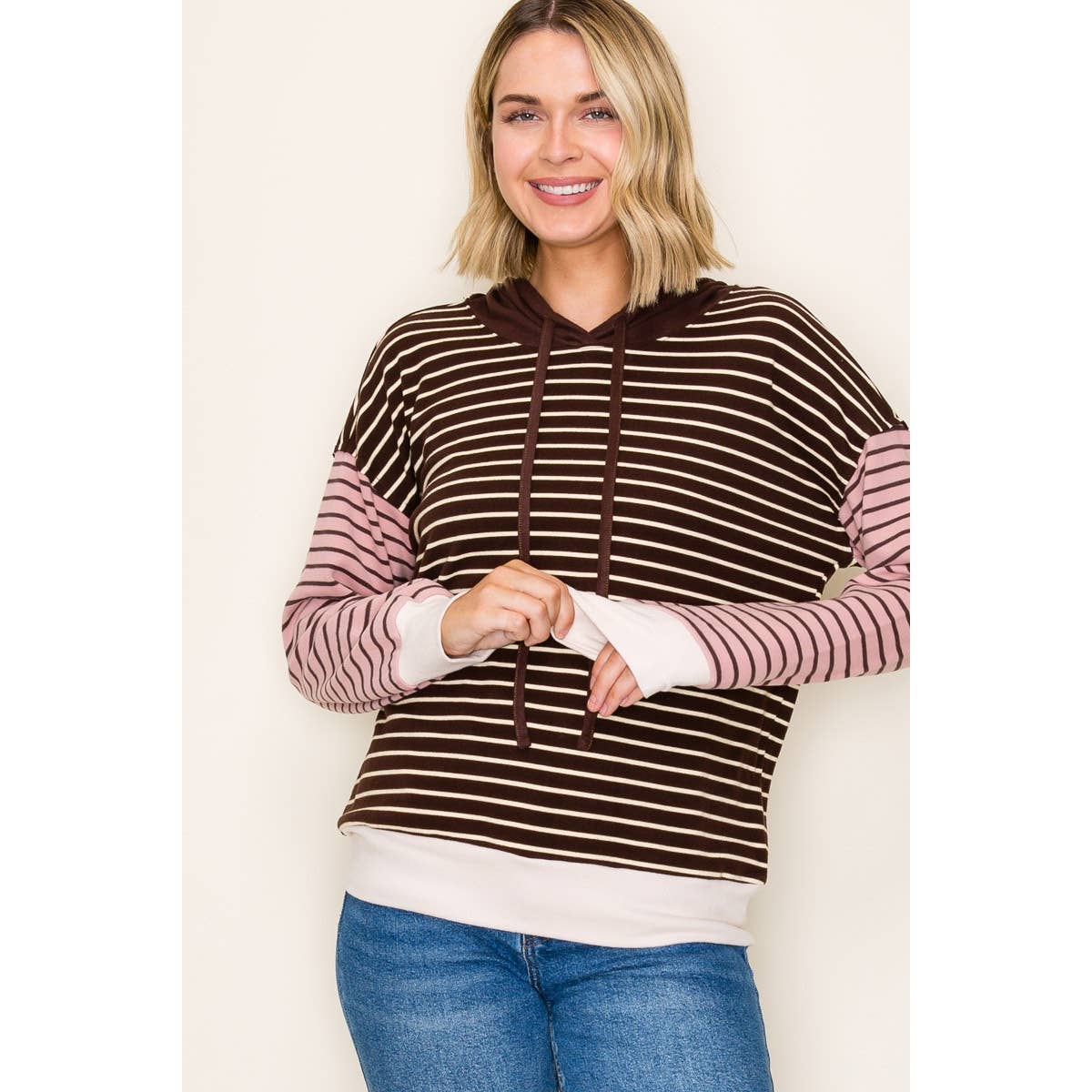 COLOR BLOCKED STRIPE HOODIE TOP