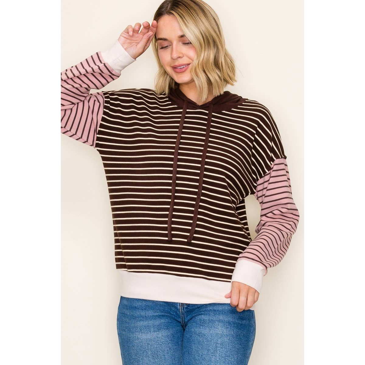 COLOR BLOCKED STRIPE HOODIE TOP