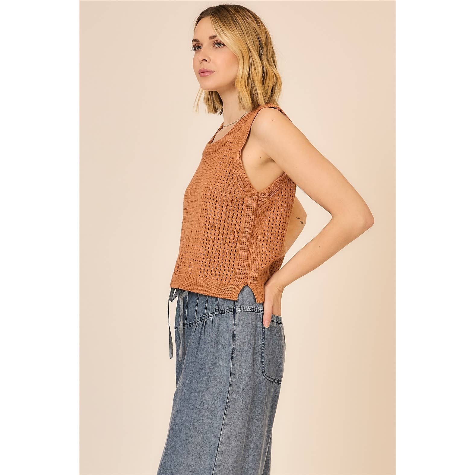 Cozy Casual, Inc. - Open Knit Cotton Sleeveless Top
