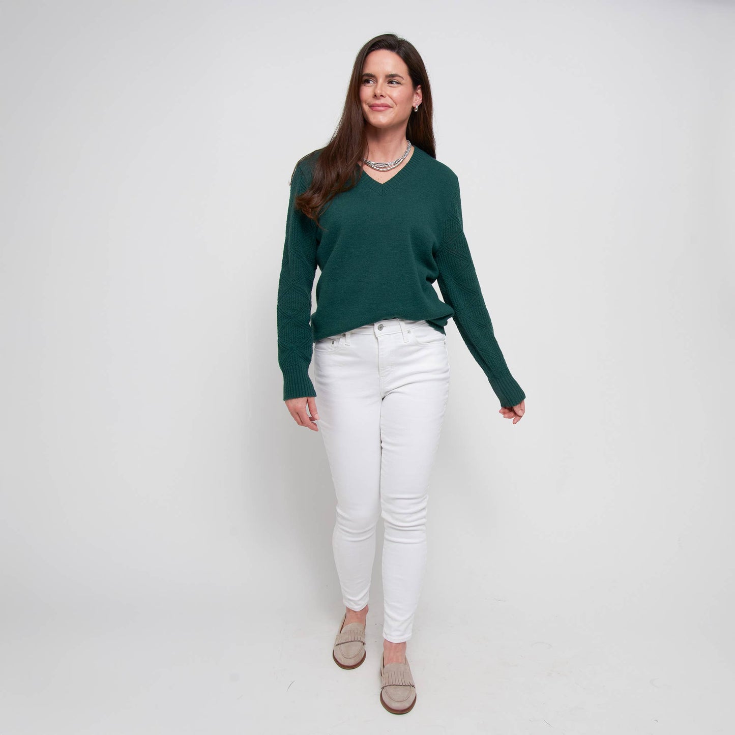 Elsie & Zoey - Emery Diamond Crochet Sleeve V-Neck Sweater