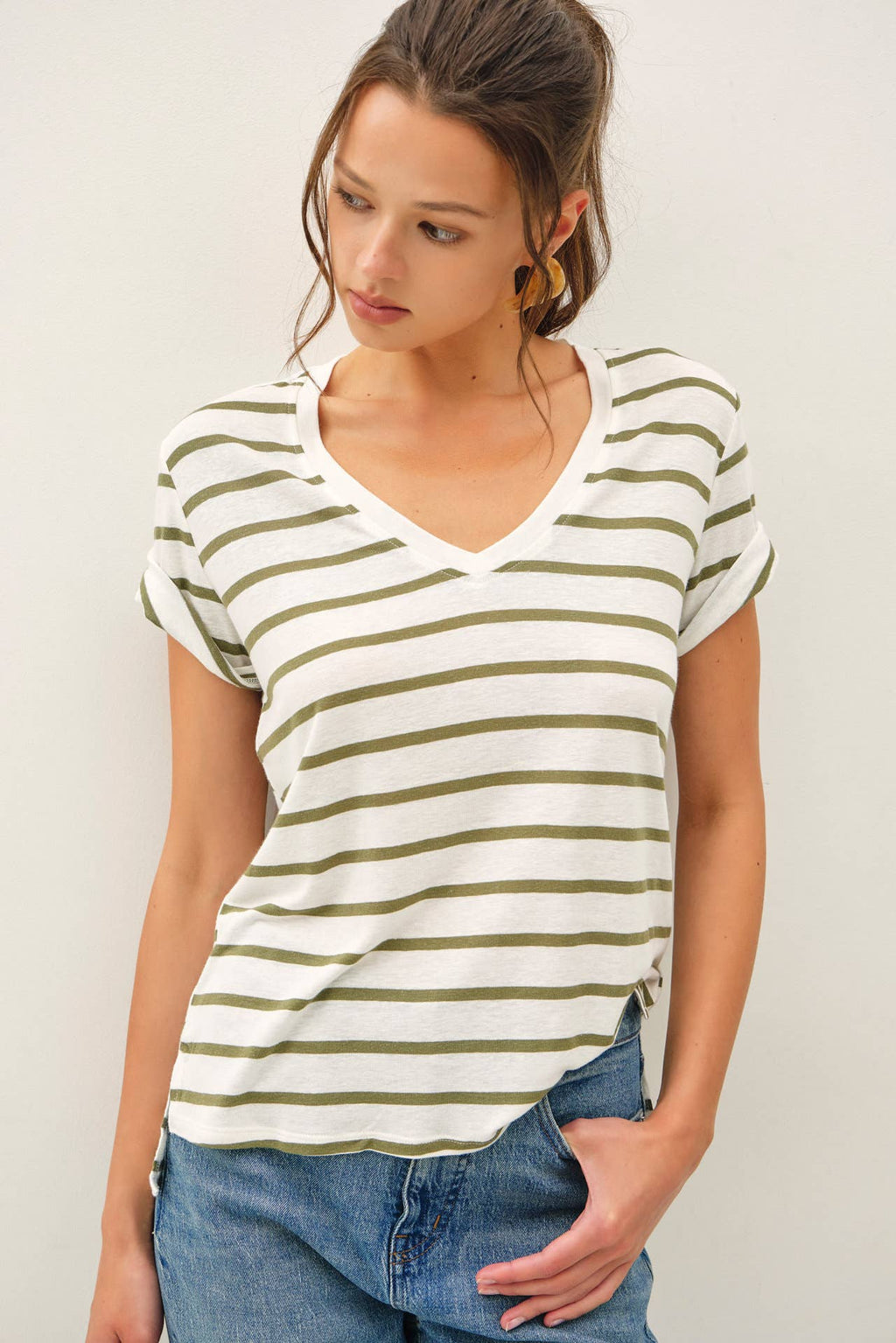 COTTON LINEN BLEND RELAXED FIT STRIPED T-SHIRT