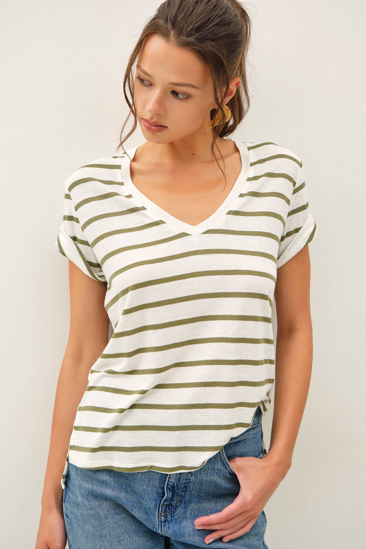COTTON LINEN BLEND RELAXED FIT STRIPED T-SHIRT