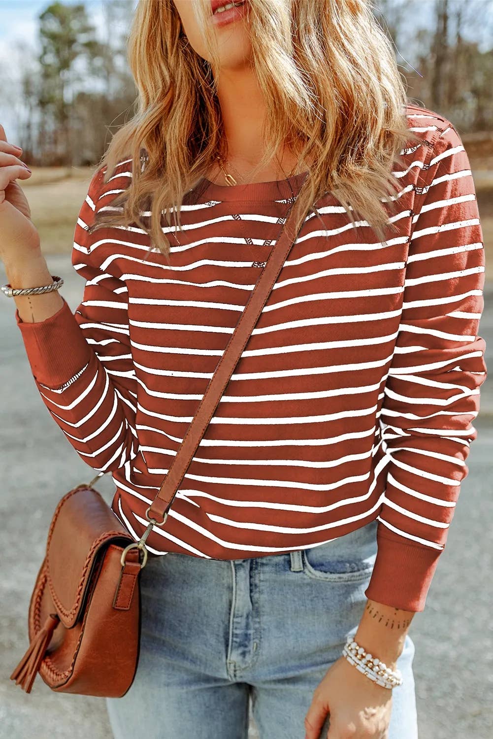 Casual Striped Print Ribbed Trim Long Sleeve Top