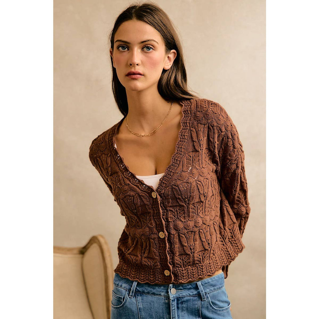 Textured Scallop Edge Button Cardigan Sweater
