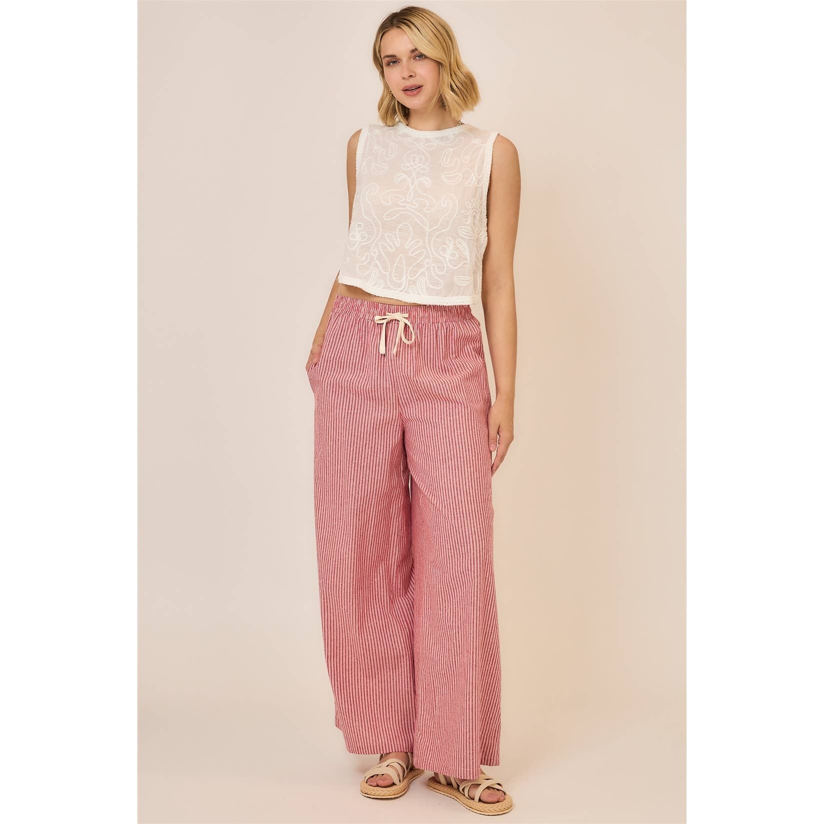 Cozy Casual, Inc. - Pinstripe Wide Leg Pants with Drawstring