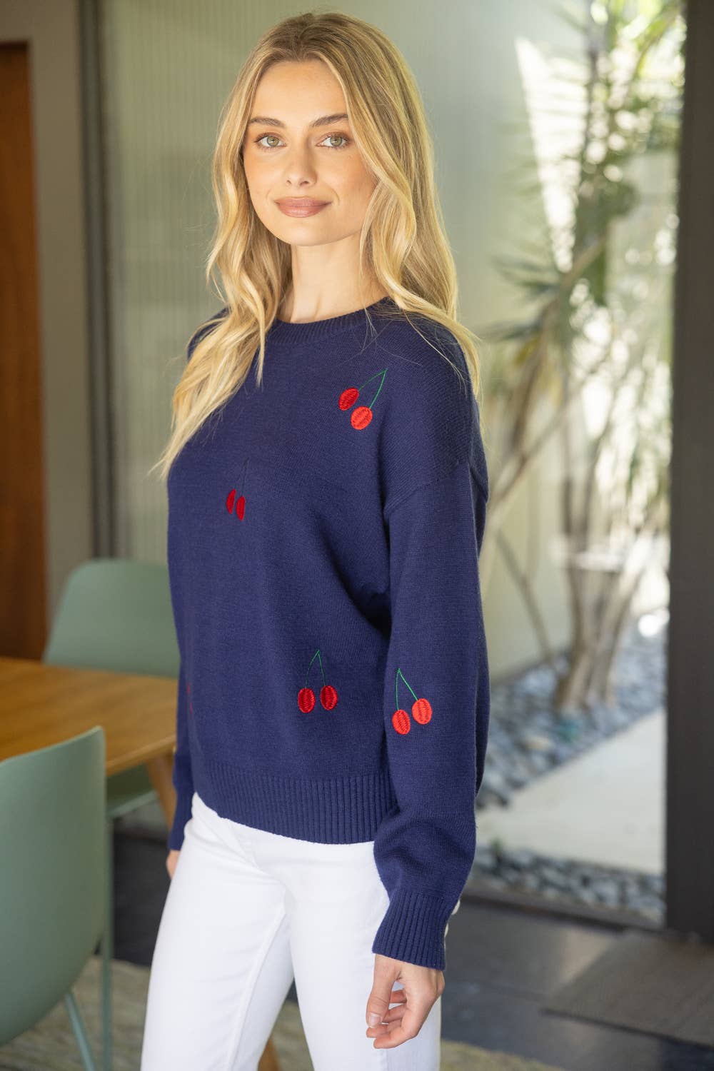 Navy with Cherry Embroidered Long Sleeve Sweater Fall-Winter VOY