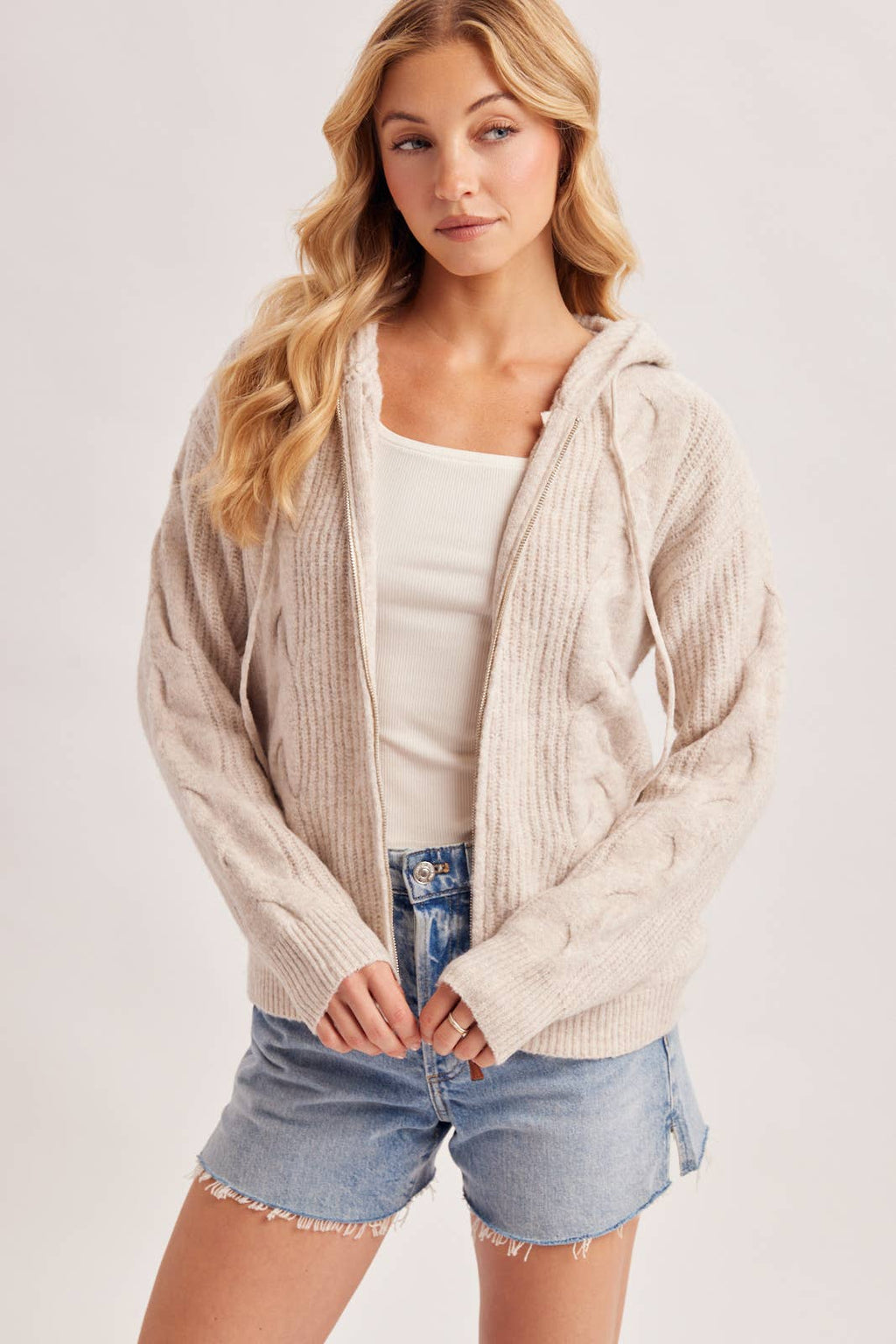 CABLE KNIT SWEATER CARDIGAN WITH HOOD