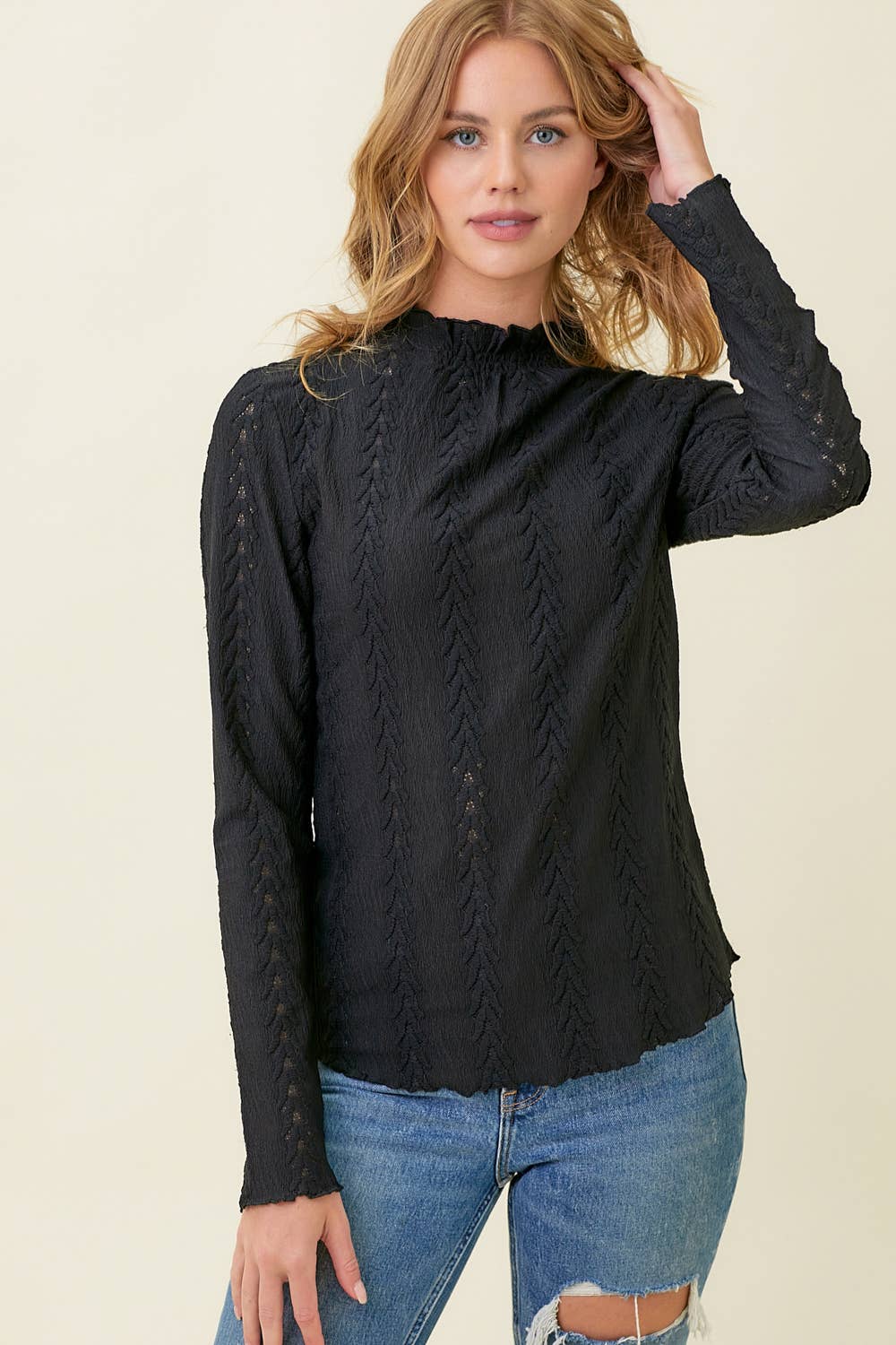 Black Mock Neck Lettuce Edge Textured Top Fall-Winter Mystree