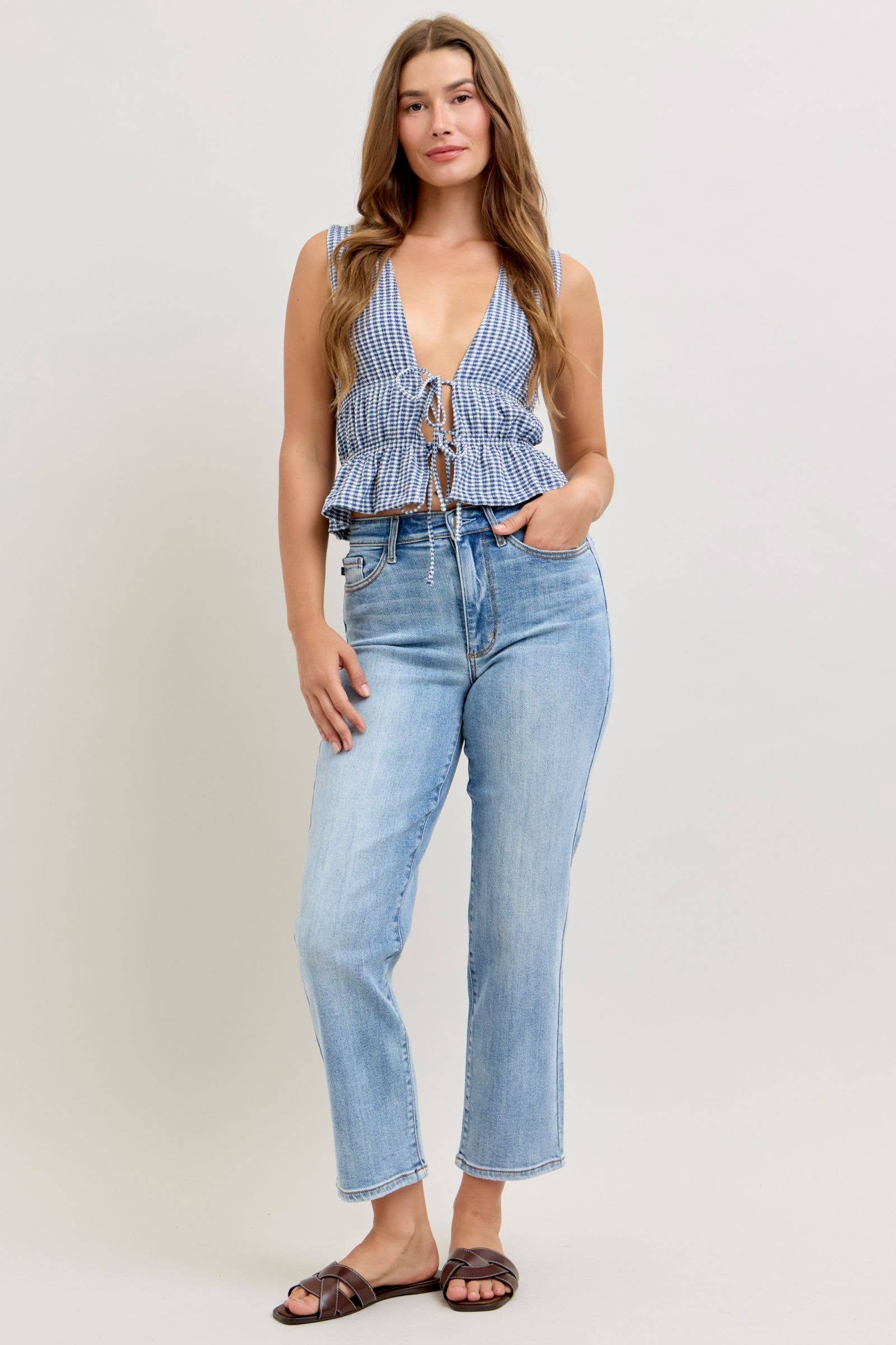 udy Blue High Waist Classic Light Wash Ankle Straight Jeans, Inseam 28"