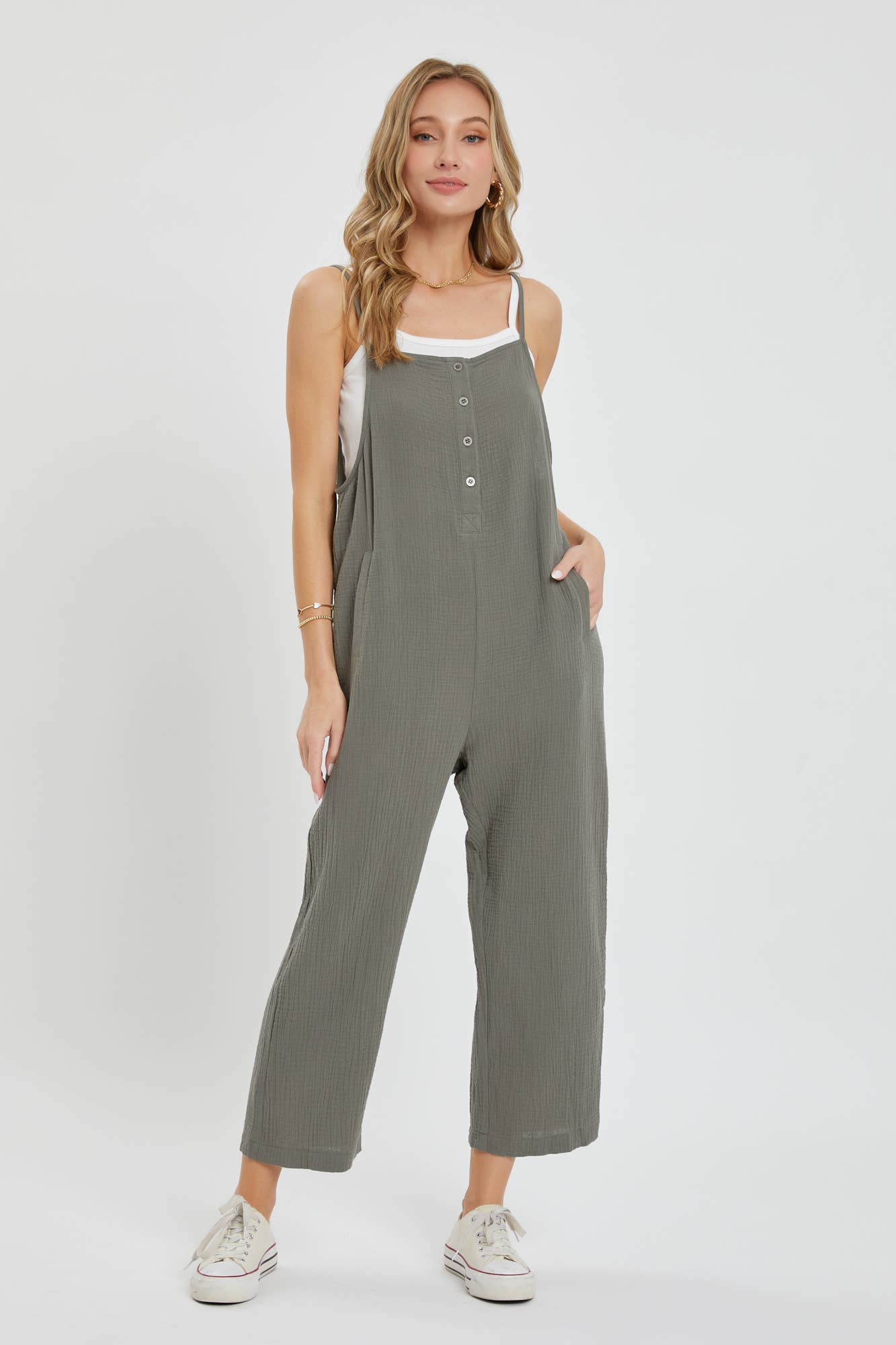 COTTON GAUZE SLEEVELESS JUMPSUIT IN OLIVE Spring-Summer Sweet Lovely by Jen