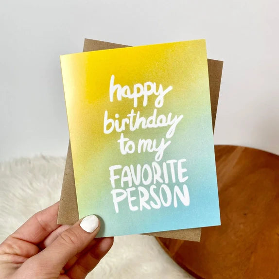 Big Mood Cards birthday card with gradient yellow and blue background, hand-drawn white text, blank inside, paired with kraft envelope.