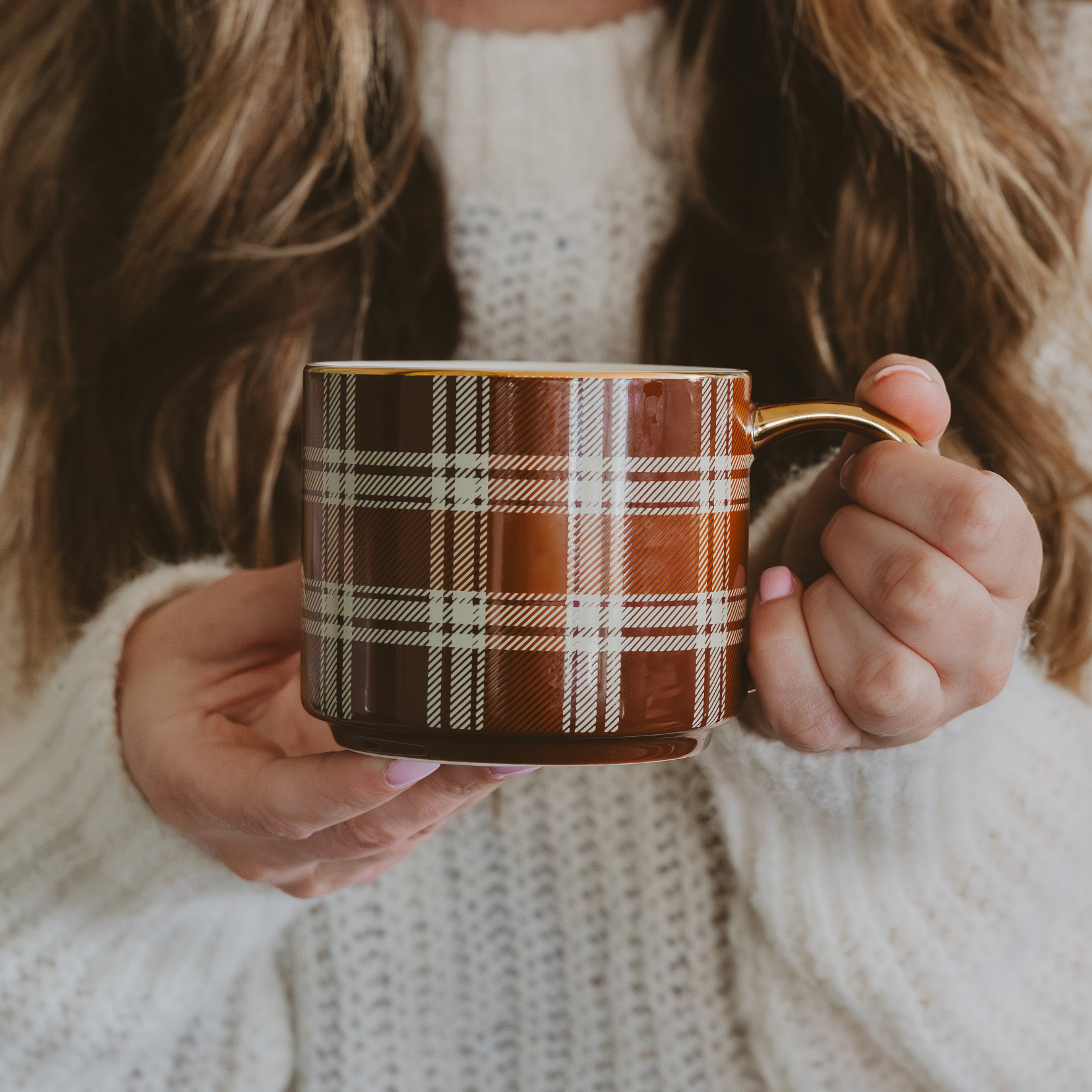 Coffee Mug - Brown Plaid Gold Handle | Fall Decor & Thanksgiving Gifts