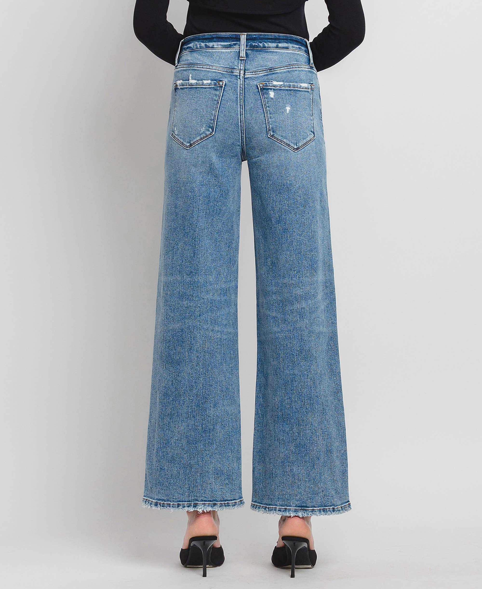 High Rise Wide Leg Jeans - Full Length Comfort Stretch Denim