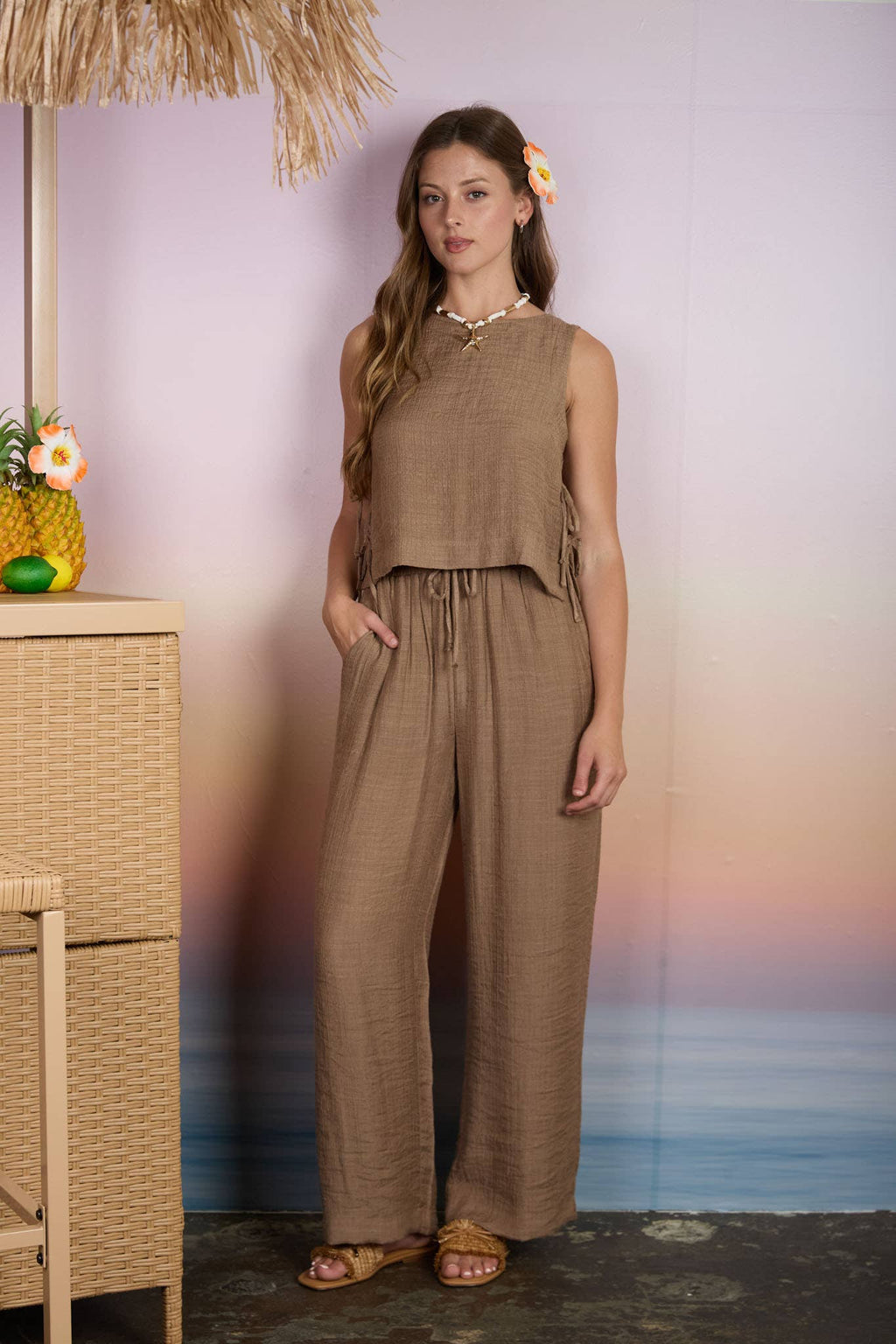 TEXTURED DRAWSTRING DETAIL WIDE LEG LOUNGE PANTS