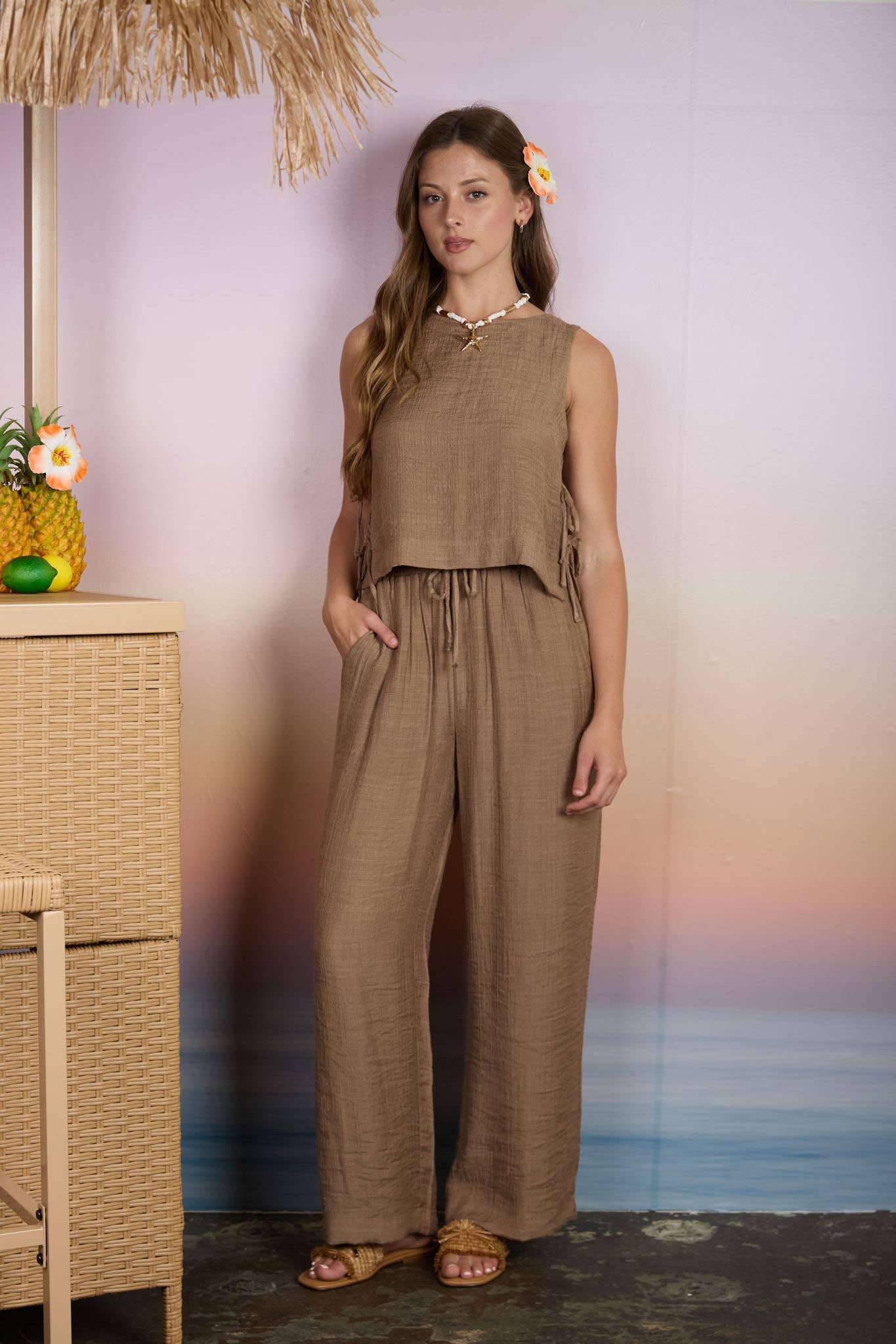TEXTURED DRAWSTRING DETAIL WIDE LEG LOUNGE PANTS