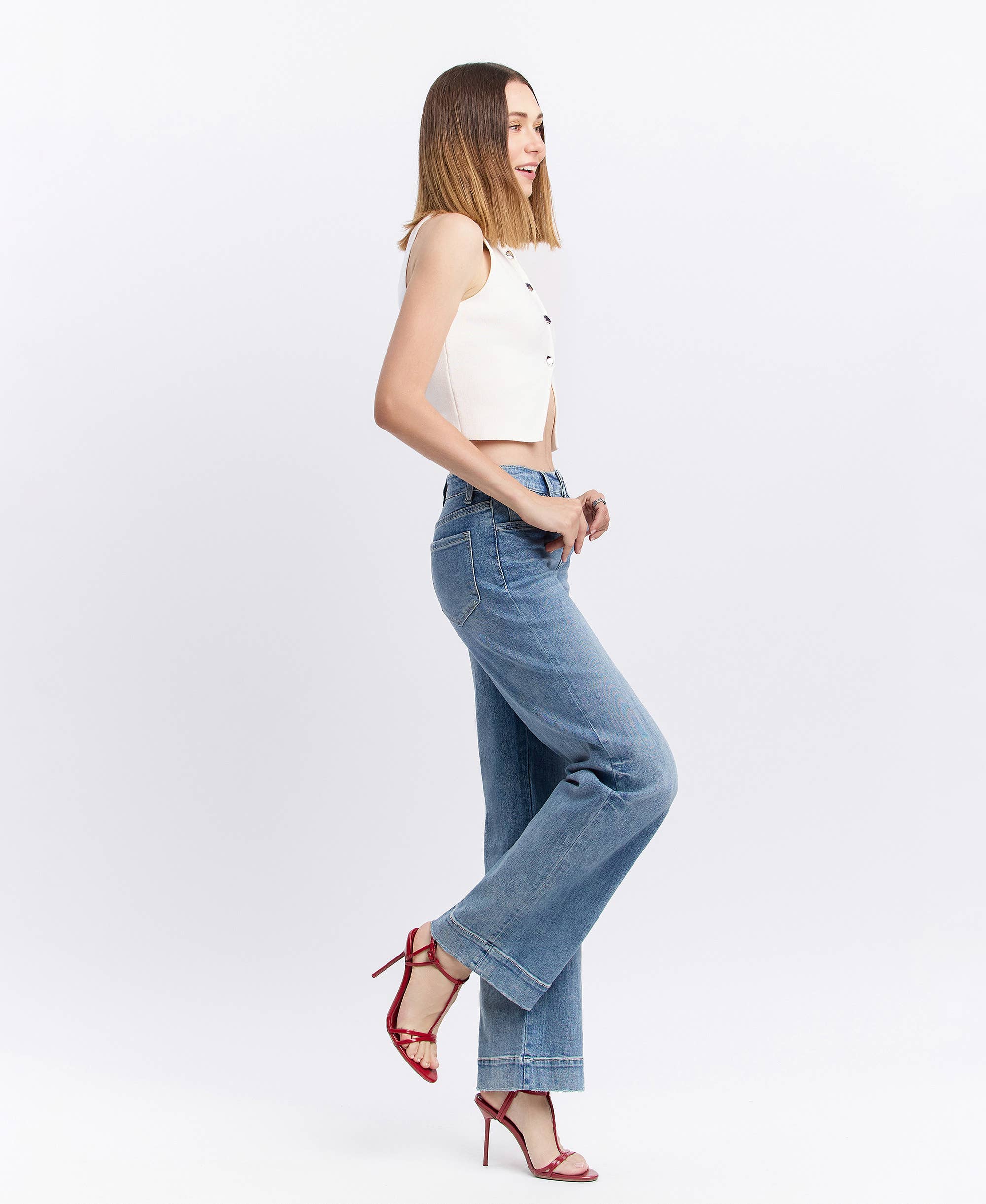 Wide Leg Jeans – High Rise Trouser Hem Full Length Denim