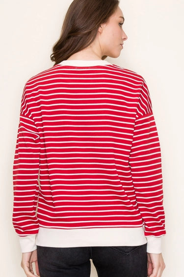 Red Color Contrasted Bands Texture Striped Long Sleeve Pullover Fall-Winter Staccato