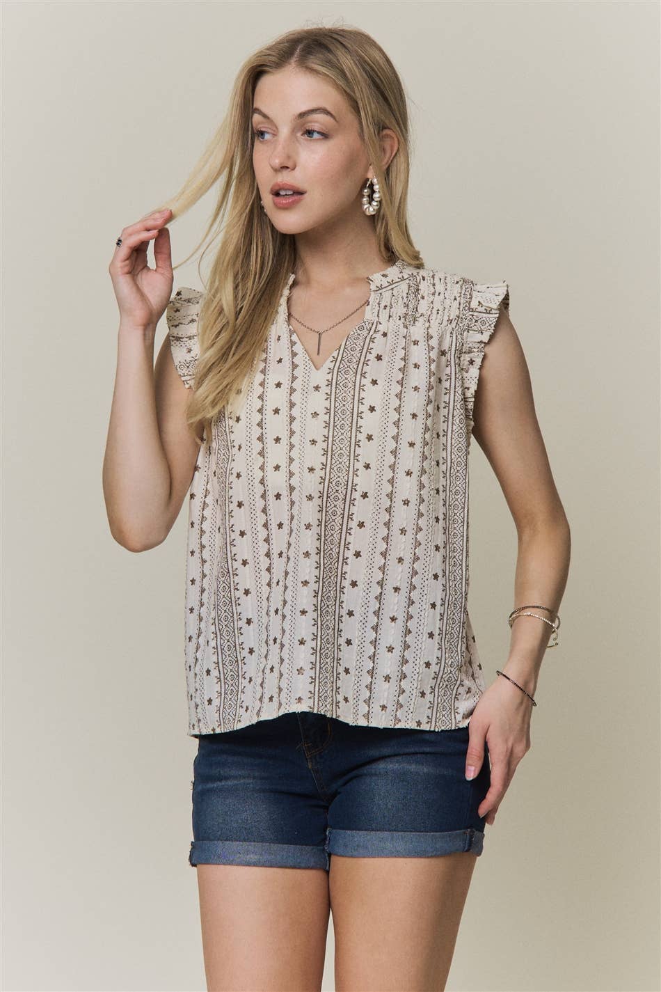 Boho Print Ruffle Cap Sleeve Blouse