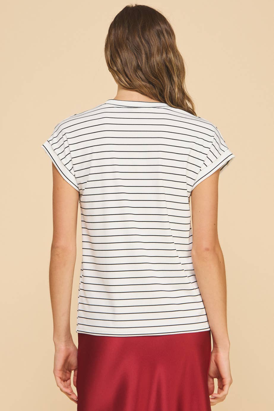 Model wearing Amicis Kate T-shirt with rib stripe cuffed crewneck, made in the USA, size S