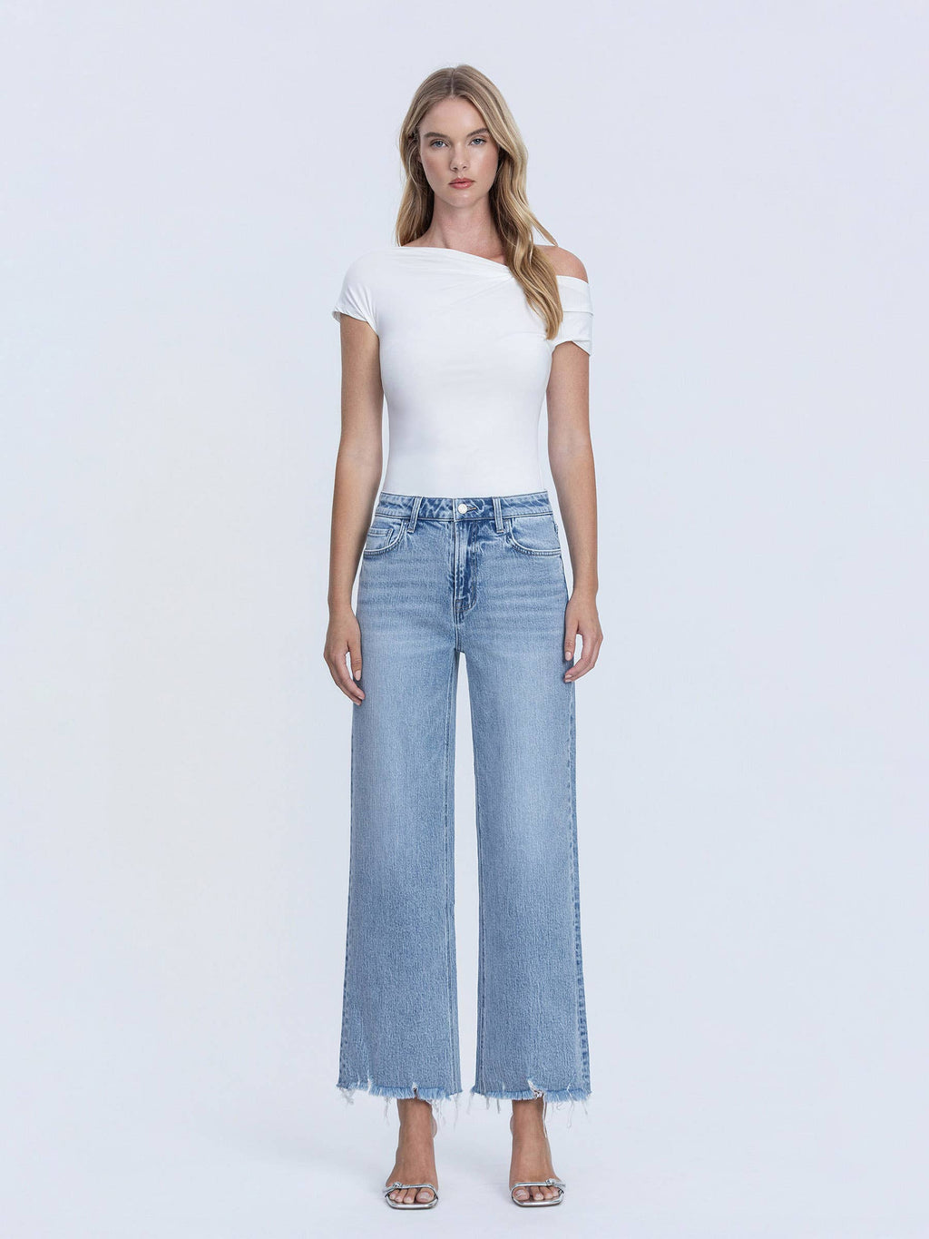 MID RISE FRAYED HEM ANKLE WIDE LEG JEANS T7279