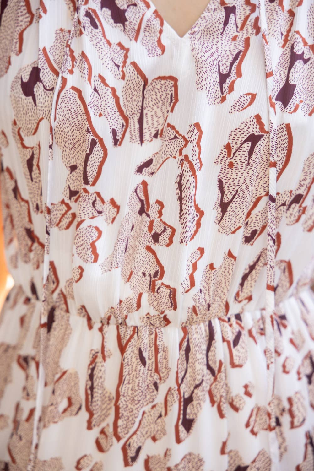 Pleated Ruffle Sleeve Tiered Midi Printed Brown Dress Spring-Summer VOY