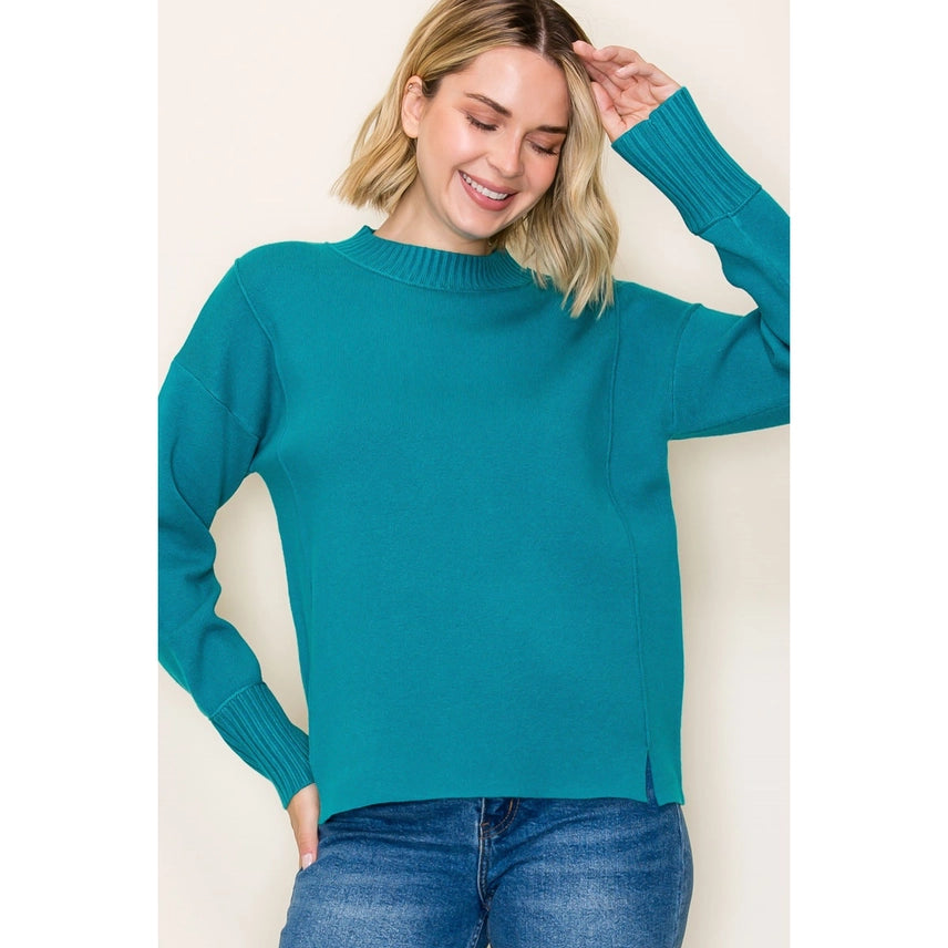 Mock Neck Heavy Solid Sweater In Jade