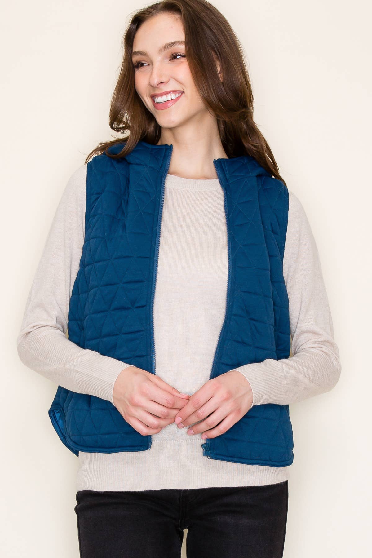 Teal Hooded Quilted Knit Vest with Zipper Closure and Pockets Fall-Winter STACCATO