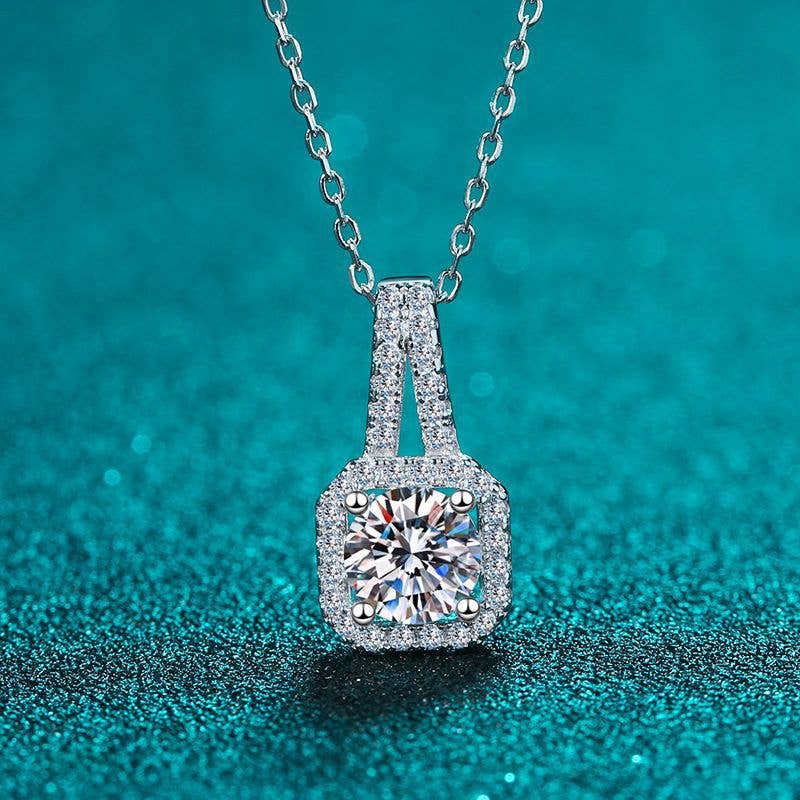 Square Moissanite Halo Charm Necklace in 925 Sterling Silver: 2.0 ct Core Perimade & Co. LLC
