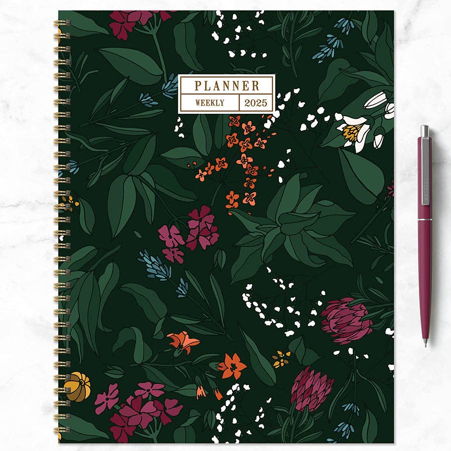 2025 Garden Manor large weekly and monthly planner with vintage floral cover and gold wire-o binding