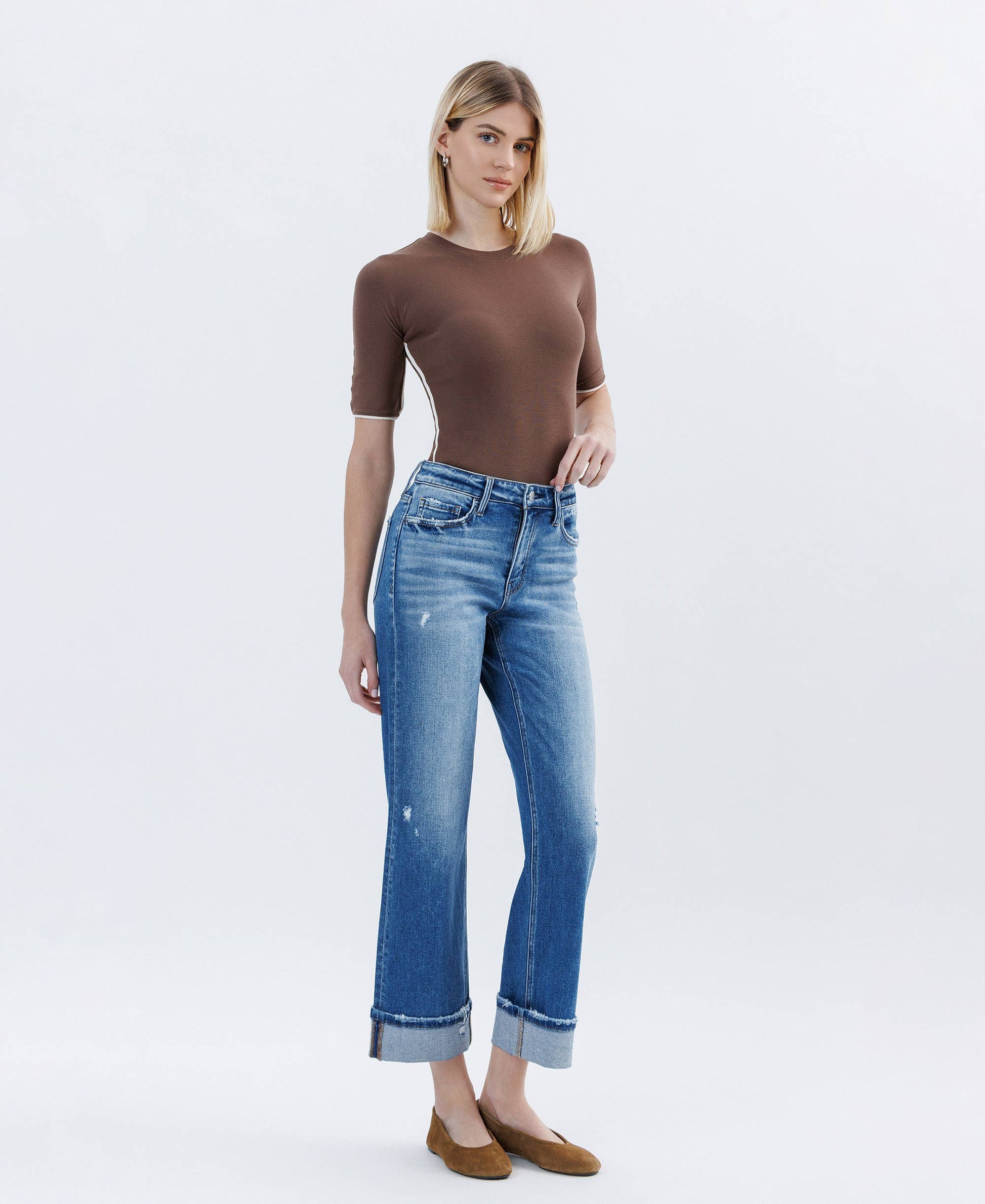 HIGH RISE CUFFED SLIM WIDE LEG JEANS FLYING MONKEY
