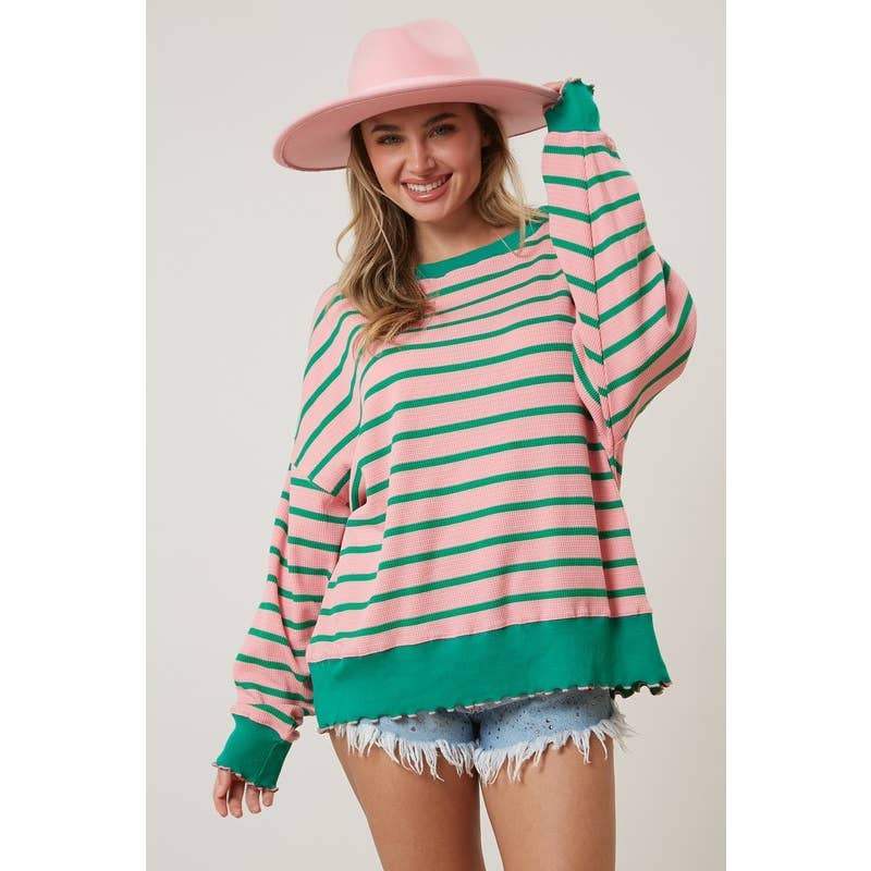 Oversized Pink and Green  Stripe Knit Top Spring-Summer STYLE USA