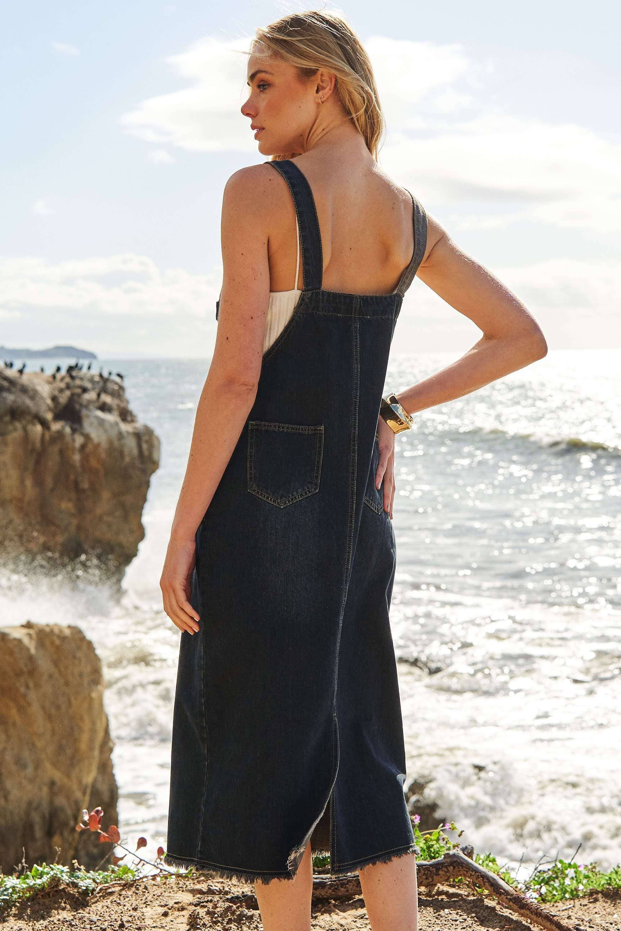 Denim Overall Dress | Trendy Denim Color Block Overall Dress