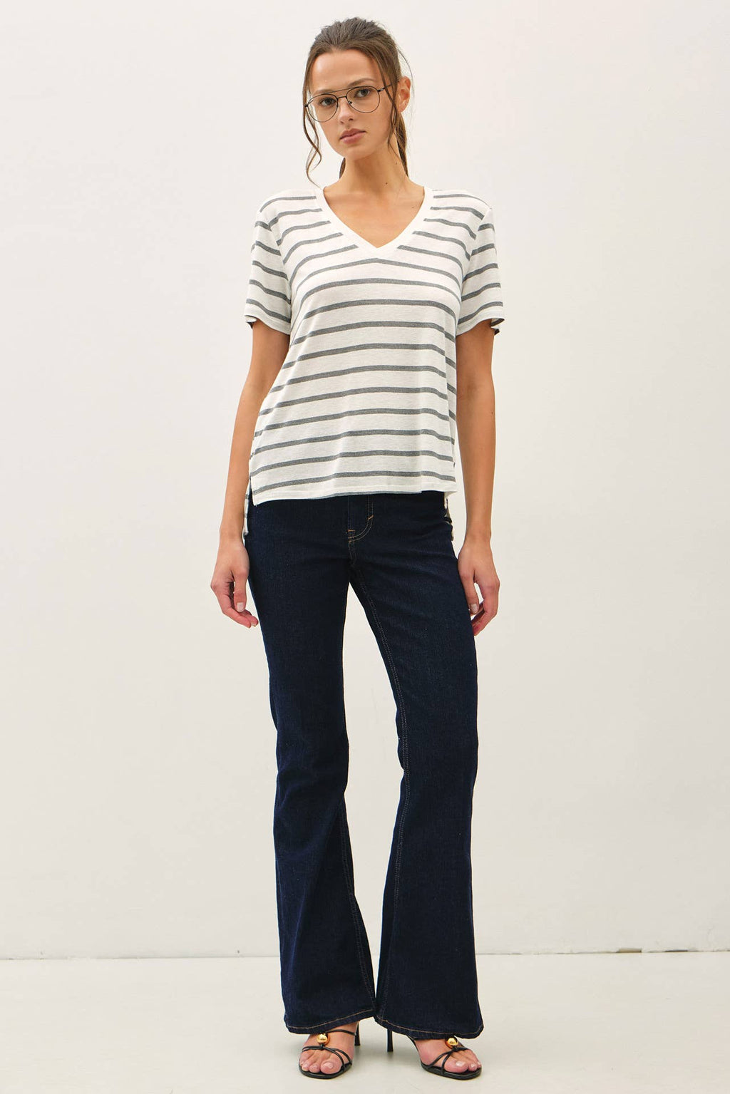 COTTON LINEN BLEND RELAXED FIT STRIPED T-SHIRT