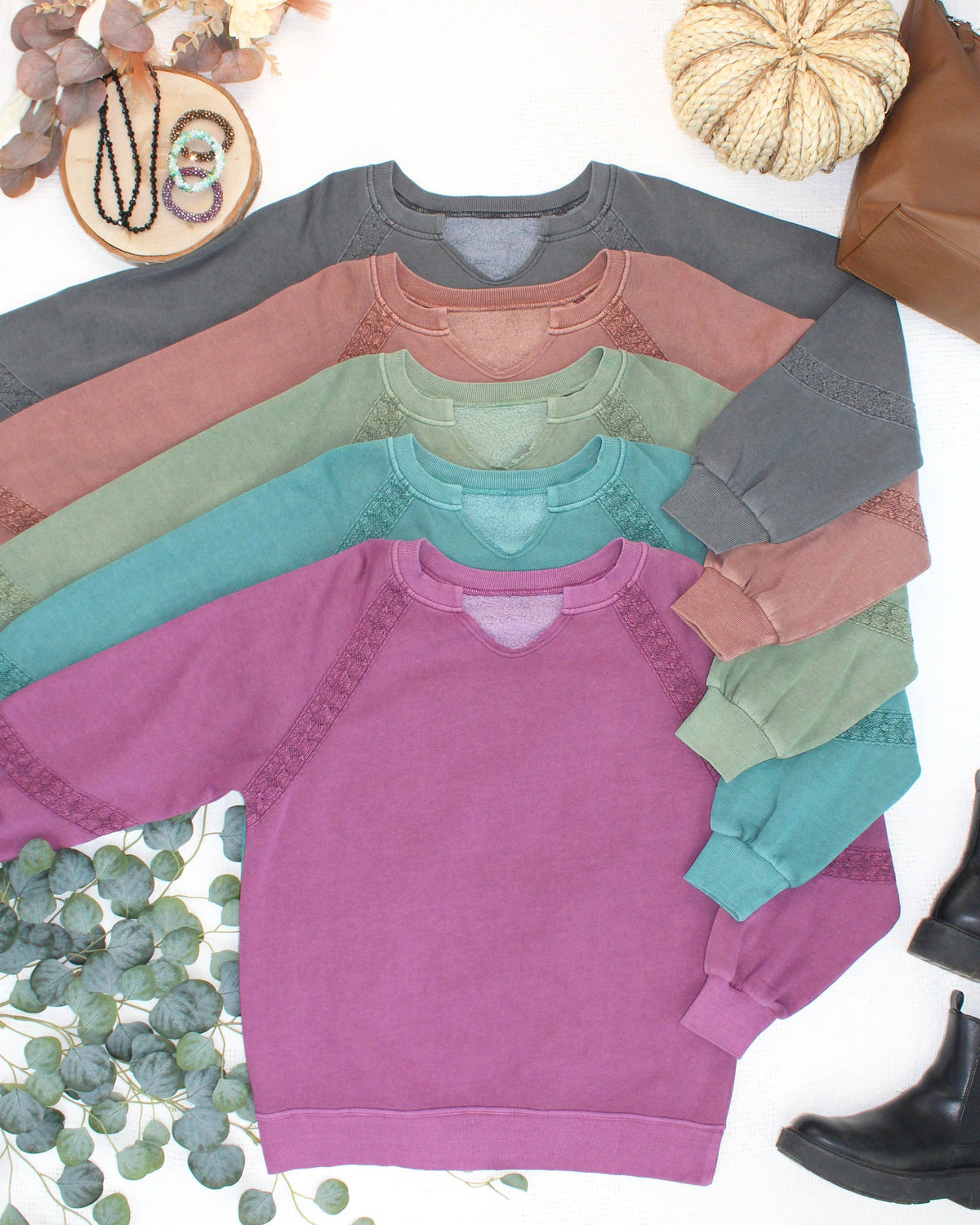 Lace Accent Vintage Wash Pullover - Brown