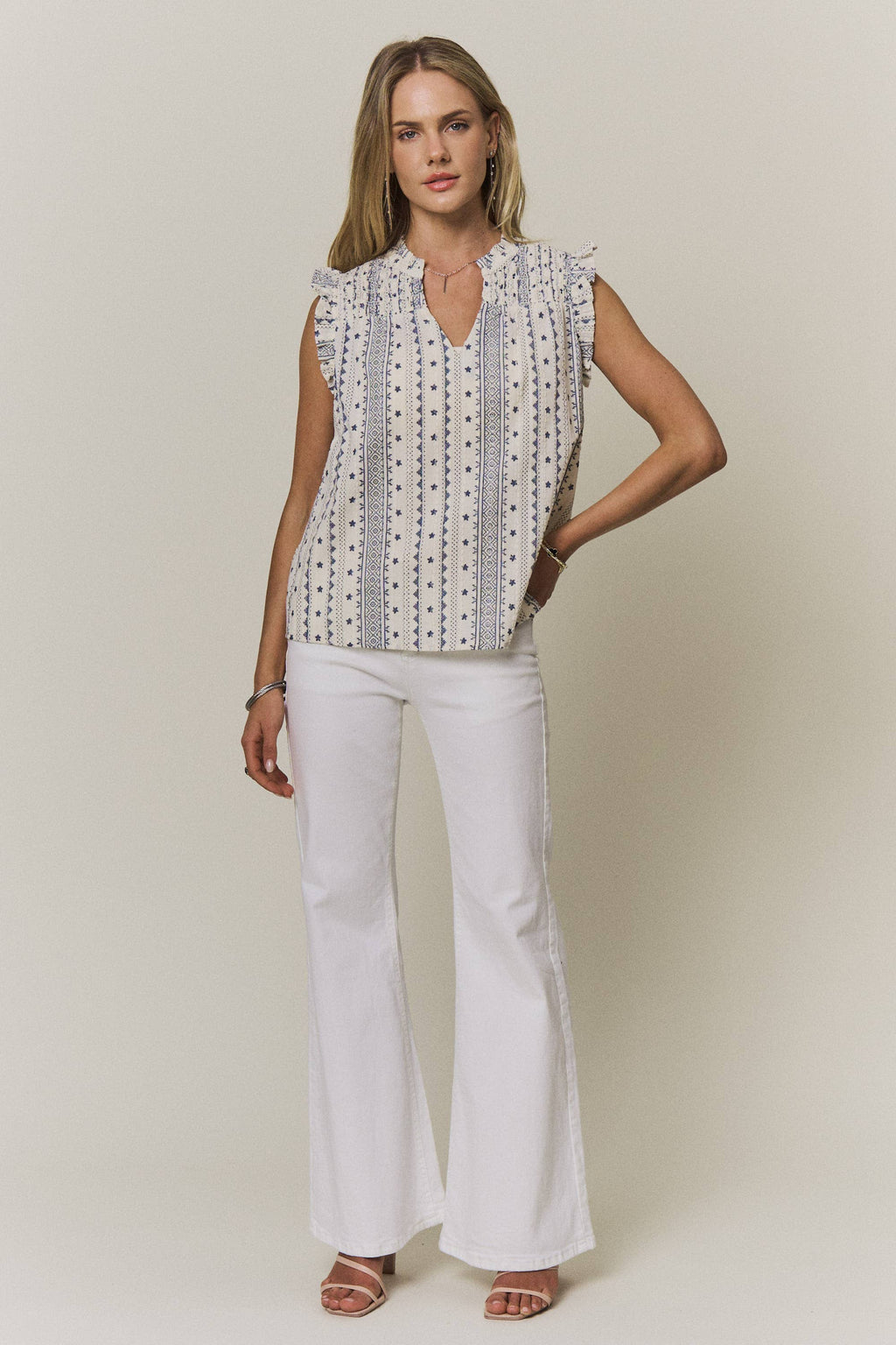 Boho Print Ruffle Cap Sleeve Blouse