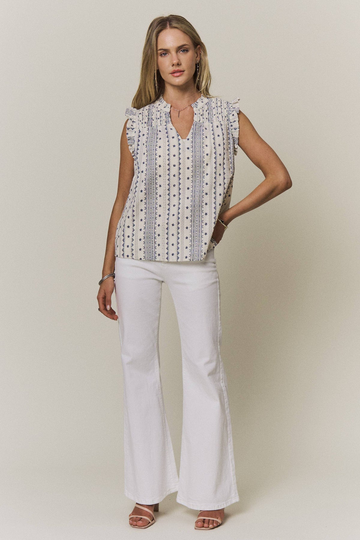 Boho Print Ruffle Cap Sleeve Blouse