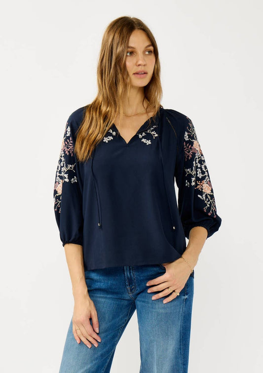 Lovestitch - Floral Embroidered Split Neck Blouse Lovestitch