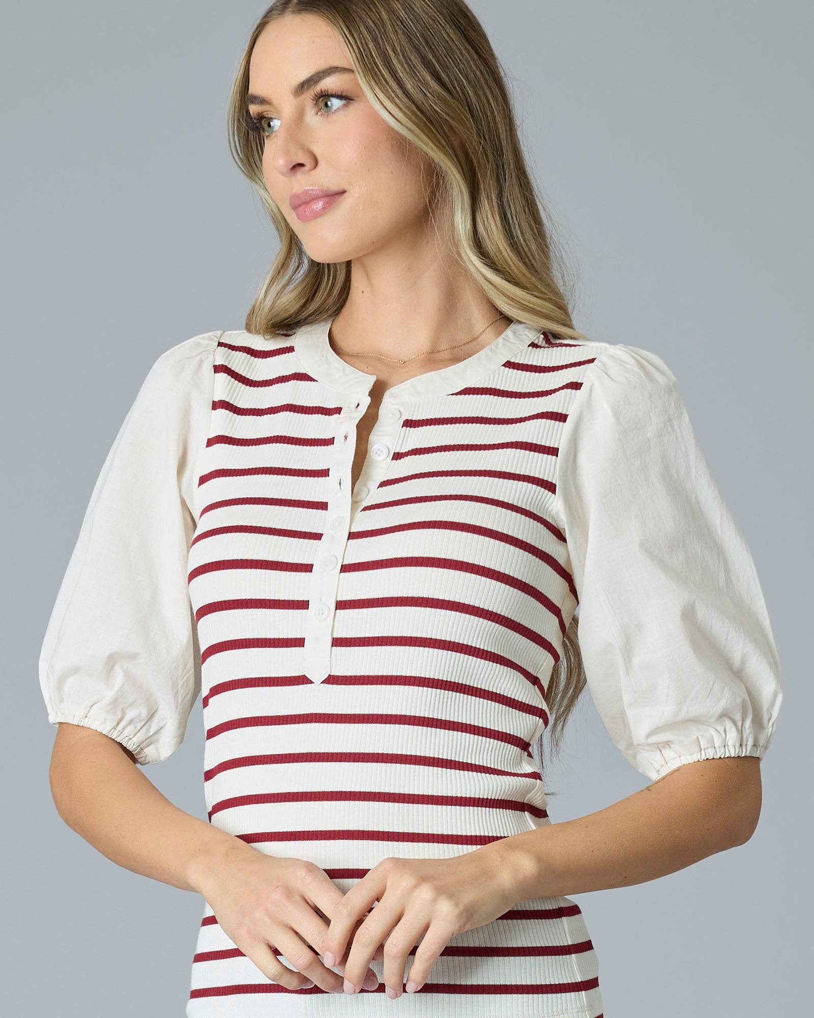 Tomato Stripe Puff Sleeve Henley Top Fall-Winter Downeast