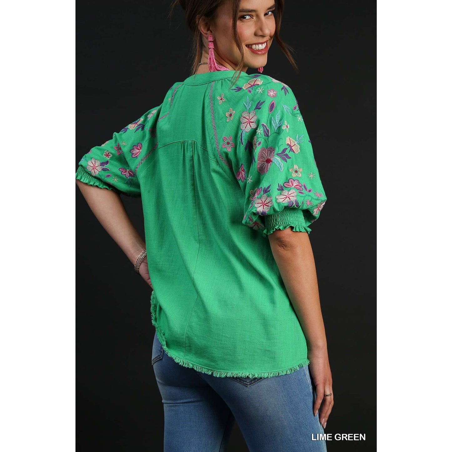 Lime Green Linen Split Neck Mid Button Down Top Spring-Summer STYLE USA