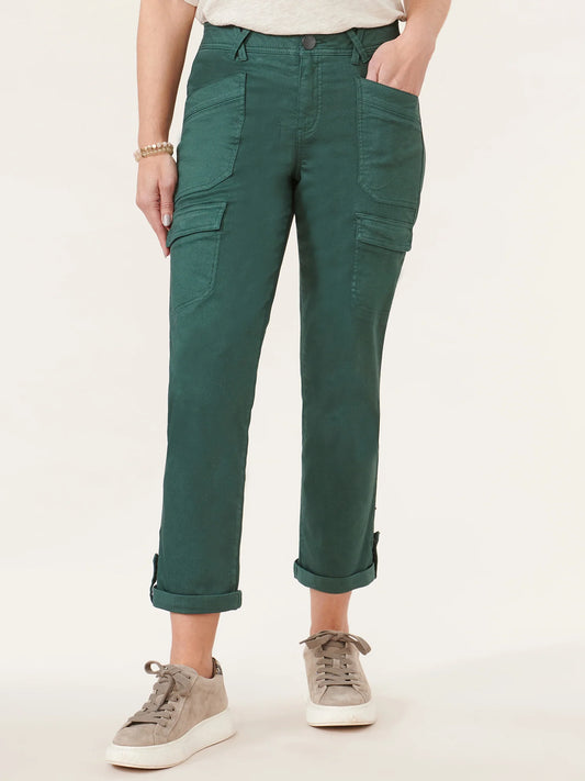 "Ab"solution® High Rise Roll Cuff Cargo Pocket Cargo Utility Pants In Dusty Spruce Green Spring-Summer JOOR - Democracy