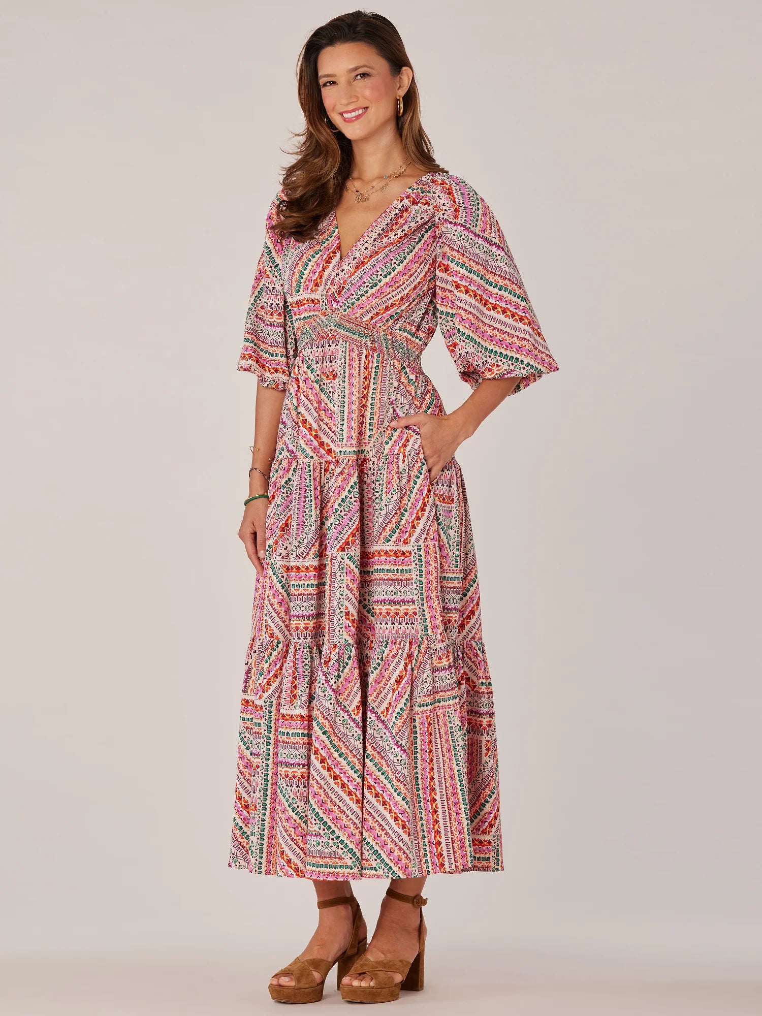 Three Quarter Bubble Sleeve V-Neck Printed Three Tiered Woven Dress Spring-Summer JOOR - Democracy