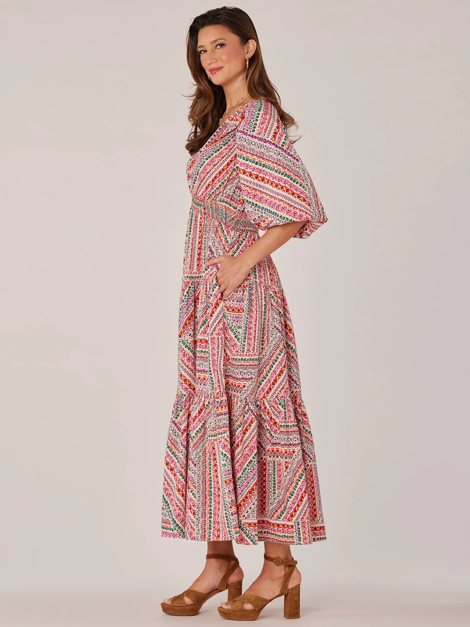 Three Quarter Bubble Sleeve V-Neck Printed Three Tiered Woven Dress Spring-Summer JOOR - Democracy