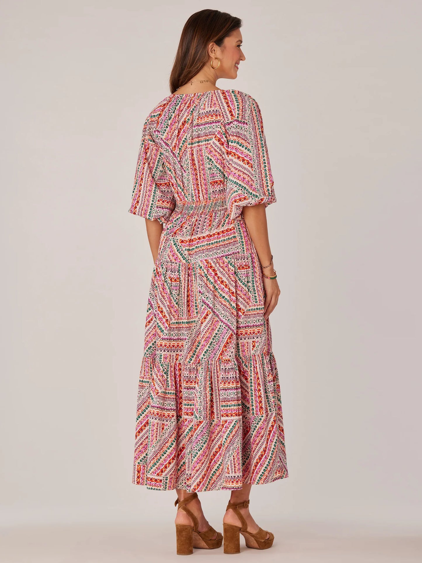 Three Quarter Bubble Sleeve V-Neck Printed Three Tiered Woven Dress Spring-Summer JOOR - Democracy