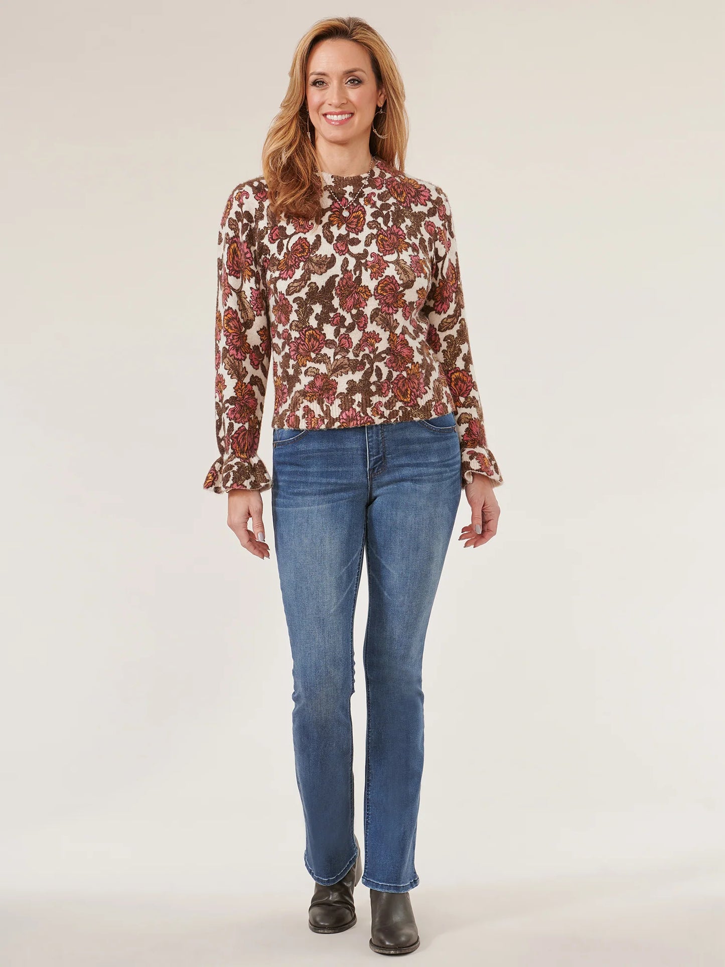 Long Flounce Sleeve High Round Neck Floral Print Sweater Fall-Winter JOOR - Democracy