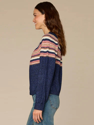 Long Sleeve Round Neck Snap Front Stripe Jacquard Sweater Cardigan