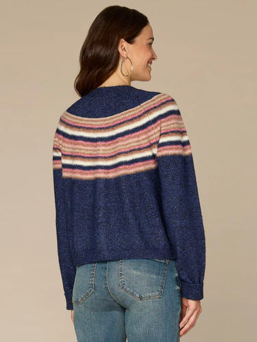 Long Sleeve Round Neck Snap Front Stripe Jacquard Sweater Cardigan