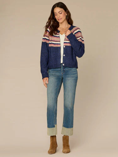 Long Sleeve Round Neck Snap Front Stripe Jacquard Sweater Cardigan