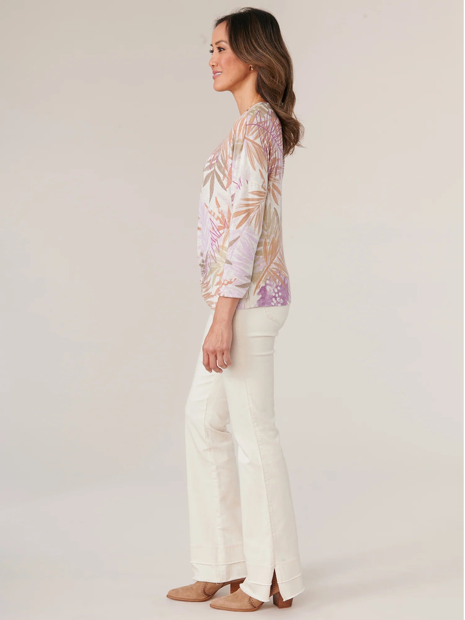 Print Knit Top - Abstract Three Quarter Sleeve Scoop Neck w/ Twist Hem Spring-Summer JOOR - Democracy